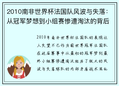 2010南非世界杯法国队风波与失落：从冠军梦想到小组赛惨遭淘汰的背后分析